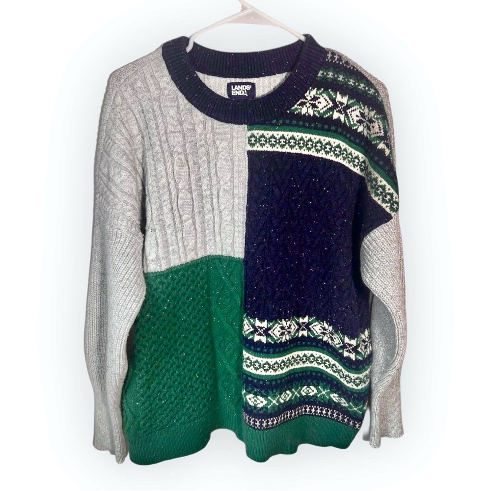 Lands End Sweater Women’s M Cotton Wool Blend Crew Color Block Oversized